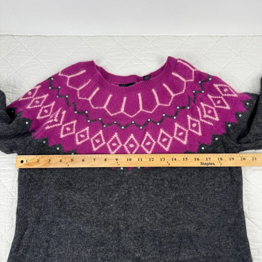 VTG! Context Wool Angora Blend Fair Isle Sequin Sweater Magenta Charcoal Gray XL
